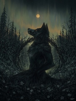 ambiguous_gender anthro aurora_(phenomenon) black_body black_fur black_nose claws evergreen_tree finger_claws flower full_moon fur kneeling looking_aside moon night nude nude_anthro pine_tree plant pointy_ears prick_ears sky solo star starry_sky tree yellow_sclera cherry_wake mythology canid canine mammal mythological_canine mythological_creature werecanid werecanine werecreature werewolf 2025 3:4 digital_media_(artwork) hi_res signature female_(lore)