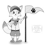 1:1 anthro boyscout canid canine digital_drawing_(artwork) digital_media_(artwork) disney flag fox hatakeclarissarts hi_res inktober inktober_2024 male male/male mammal monochrome nick_wilde solo zootopia