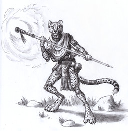 4_toes 5_fingers accessory ambiguous_gender anthro armlet armor belt bottomwear canteen clothed clothing dagger feet fingers fur furgonomics grass holding_object holding_staff jewelry loincloth looking_aside magic magic_staff magic_user markings melee_weapon necklace outside plant rock rope scarf simple_background solo spots spotted_body spotted_fur staff standing striped_markings striped_tail stripes tail tail_accessory tail_bracelet tail_jewelry tail_markings toes vambrace weapon white_background 0laffson cheetah felid feline mammal 2021 graphite_(artwork) hi_res signature traditional_media_(artwork)