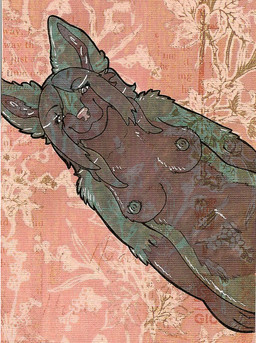 abstract_background areola black_markings breasts countershading eyelashes female floral_background flower fur fur_markings gloves_(marking) green_body green_fur grey_areola grey_eyes grey_hair grey_inner_ear grey_nipples hair long_hair looking_at_viewer markings navel nipples pattern_background pink_nose plant pointy_ears prick_ears reverse_countershading simple_background smile snout solo neoscottie jangothebluefox herm_(lore)