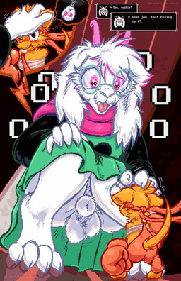 animal_genitalia anthro balls blush bottomless butt casual_exposure clothed clothing duo female fully_sheathed genitals impending_doom male male/female no_underwear sheath white_body frist44 deltarune undertale_(series) orange_(deltarune) ralsei mammal mouse murid murine rodent hi_res