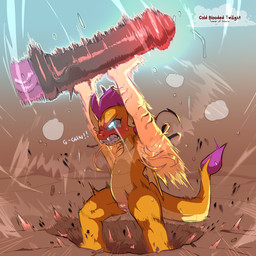 animal_genitalia anthro big_penis black_text blush blush_lines bodily_fluids clenched_teeth cloaca cloaca_juice detailed_background disembodied_penis duo erection fangs female genital_fluids genitals glowing glowing_eyes gynomorph holding_object holding_penis holding_up horn impact impact_crater intersex logo looking_up magic medial_ring motion_lines multicolored_penis nude nude_female orange_body penis precum purple_body purple_penis spade_tail standing steam sweat tail tears teary_eyes teeth text vein veiny_penis cold-blooded-twilight friendship_is_magic hasbro my_little_pony mythology smolder_(mlp) twilight_sparkle_(mlp) dragon equid equine mammal mythological_creature mythological_equine mythological_scalie scalie unicorn 1:1 2026 artist_logo artist_name english_text hi_res