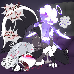 anthro bangs bed blush blush_lines bodily_fluids breasts butt cartoon_freckles claws clothing cum cum_inside cum_on_back cum_on_butt doggystyle drooling duo eyelashes female female_penetrated footwear footwear_only freckled_face freckles from_behind_position fur furniture genital_fluids grey_hair hair halo heart_symbol larger_female larger_sub leaking_cum legwear long_eyelashes male male/female male_penetrating male_penetrating_female mostly_nude motion_lines orgasm orgasm_face penetration red_sclera saliva sex sharp_teeth size_difference smaller_male socks socks_only speech_bubble stockings submissive tail tail_pull teeth text thought_bubble tongue tongue_out vaginal vaginal_penetration white_body white_fur white_hair wings muttonsauce hellaverse helluva_boss mythology collin_(helluva_boss) loona_(helluva_boss) angel bovid canid canid_demon canine caprine cherub demon hellhound mammal mythological_canine mythological_creature sheep 1:1 absurd_res english_text hi_res