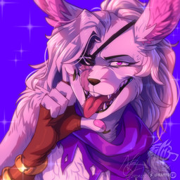 anthro clothing eye_patch eyewear female female_anthro fingerless_gloves fingerpads gloves hair handwear logo long_hair looking_at_viewer merrypro_draw open_mouth pawpads pose red_eyes sharp_teeth solo teeth teeth_showing text three-quarter_view tongue tongue_out namygaga lagomorph leporid mammal rabbit 1:1 2025 absurd_res artist_logo artist_name bust_portrait dated digital_drawing_(artwork) digital_media_(artwork) english_text hi_res icon portrait shaded signature simple_shading