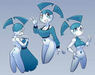 bottomless clothed clothing female genitals looking_at_viewer machine navel not_furry open_mouth simple_background solo topwear unusual_navel vulva nekuzx my_life_as_a_teenage_robot nickelodeon jenny_wakeman android humanoid robot robot_humanoid