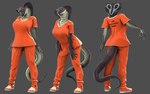 5_fingers anthro breasts clothed clothing female fingers front_view grey_body grey_scales humanoid_hands prison_uniform rear_view scales smile solo standing tail text text_on_clothing petruz petruz_(copyright) sab_(petruz) cobra elapid_(snake) king_cobra reptile scalie snake 2024 3d_(artwork) blender_(artwork) digital_media_(artwork) hi_res