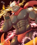 5_fingers accessory anthro bottomwear clothed clothing emblem fingers fire headband male muscular muscular_anthro muscular_male red_bottomwear red_clothing smile solo teeth topless topless_male yin_yang shinobiya lifewonders tokyo_afterschool_summoners tadatomo_(tas) canid canine canis domestic_dog mammal 2022 absurd_res dated hi_res