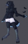 abs anthro athletic beak biceps biped black_body black_feathers blue_body blue_eyes blue_feathers boxers_(clothing) chest_tuft claws clothed clothing feathers feet fur grey_background grin looking_at_viewer male muscular muscular_anthro pecs pose simple_background smile solo standing talons toes topless tuft underwear ookami-kun avian bird hi_res