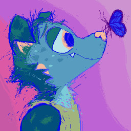 anthro blue_body blue_fur butterfly_on_nose clothed clothed_male clothing duo fur green_body green_clothing green_fur green_shirt green_tank_top green_topwear male purple_background shirt simple_background smile tan_eyes tan_nose tank_top topwear demensa arthropod butterfly canid canine canis domestic_dog insect lepidopteran mammal 1:1 2020