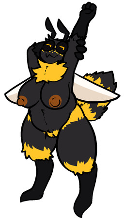 4_fingers antennae_(anatomy) anthro arthropod_abdomen big_breasts black_body black_fur black_sclera breasts chest_tuft female fingers freckles fur genitals insect_wings multicolored_body multicolored_fur nipples non-mammal_breasts nude orange_nipples overweight overweight_anthro overweight_female simple_background solo tuft two_tone_body two_tone_fur vulva white_background wings yellow_body yellow_eyes yellow_fur trout_(artist) arthropod bee hymenopteran insect 2020 aliasing digital_media_(artwork) hi_res