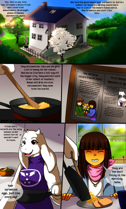 ambiguous_gender anthro brown_hair female flower food fur hair male plant smile text white_body white_fur yogurtyard_(artist) undertale undertale_(series) chara_(undertale) flowey_the_flower frisk_(undertale) toriel boss_monster_(undertale) bovid caprine human mammal 2016 comic english_text hi_res source_request