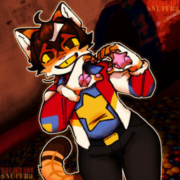 ambiguous_gender anthro belt bottomwear clothing denim denim_bottomwear denim_clothing gesture heart_gesture jacket jeans markings orange_body pants pawpads pink_pawpads smile solo striped_markings striped_tail stripes sweater tail tail_markings teeth topwear white_markings windbreaker yellow_sclera yellow_teeth snuff_b8 alfie_(snuff_b8) domestic_cat felid feline felis mammal 1:1 nonbinary_(lore) trans_(lore) trans_man_(lore)