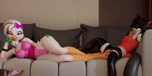 3_toes 4_toes accessory anthro anthro_on_anthro anthro_penetrated armwear balls balls_deep bare_shoulders barefoot beak bird_legs black_body black_bottomwear black_clothing black_hair black_legwear black_shorts black_thigh_highs blinking bottomwear bow_ribbon bracelet breast_play breast_suck breastfeeding breastfeeding_during_sex breasts butt claws clothed clothing cock_ring crossed_legs curling_toes duo ear_piercing ear_ring elbow_gloves erection eyeshadow feet female female_penetrated fingerless_gloves foot_fetish foot_focus foot_play footjob foreskin fur furniture genitals gloves glowing glowing_eyes green_clothing green_fingerless_gloves green_gloves green_handwear hair hair_accessory hair_bow hair_ribbon hand_on_hip hand_on_penis handjob handwear humanoid_genitalia humanoid_penis inside jewelry legwear leotard looking_at_another looking_at_partner looking_at_viewer lying lying_on_sofa lying_on_top machine makeup male male/female male_penetrating male_penetrating_female masturbation medium_breasts moan naughty_face navel_outline nipple_fetish nipple_play nipple_suck nipples non-mammal_breasts non-mammal_nipples nude nude_anthro nude_female on_back on_side on_sofa open_mouth pattern_armwear pattern_clothing pattern_elbow_gloves pattern_gloves pattern_handwear pawpads paws pecs penetration penile penile_penetration penis penis_accessory penis_jewelry piercing pillow pink_clothing pink_eyeshadow pink_leotard pose pupils purple_eyes reclining_on_sofa red_clothing red_shirt red_topwear ribbons ring_piercing sex shirt short_hair shorts slit_pupils smile smiling_at_viewer sofa soles sound_effects striped_armwear striped_clothing striped_elbow_gloves striped_gloves striped_handwear stripes sucking tail tail_motion tailwag talonjob talons thigh_highs thigh_sex toes topwear vein veiny_penis white_body white_fur white_hair wide_hips yellow_eyes yellow_sclera blackspoiler sound_warning mayosplash_(modeler) misuzugon_(va) reiishorny_(va) valorlynz_(modeler) arknights five_nights_at_freddy's five_nights_at_freddy's:_security_breach hypergryph scottgames steel_wool_studios studio_montagne aak_(arknights) glamrock_chica animatronic avian bird canid canine chicken domestic_cat felid feline felis galliform mammal phasianid robot 2025 3d_(artwork) 3d_animation animated digital_media_(artwork) english_audio hi_res huge_filesize lol_comments long_playtime sound voice_acted webm