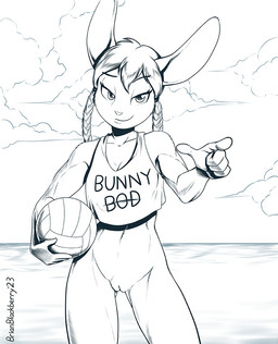 anthro ball beach_ball big_ears bottomless bottomless_anthro bottomless_female braided_hair braided_pigtails casual_exposure clothed clothing crop_top female genitals gesture hair hand_gesture inflatable ink pigtails pointing sea shirt solo sport topwear volleyball vulva water brian_mcpherson cynthia_(brian_mcpherson) cottontail_rabbit lagomorph leporid mammal rabbit 2023 monochrome