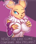 anthro bandai_namco big_breasts blue_eyes breasts canid canine clothing conditional_dnp digimon digimon_(species) digital_media_(artwork) english_text female fur hi_res looking_at_viewer mammal renamon simple_background solo text tuft white_body white_fur wizardlywalrusking yellow_body yellow_fur