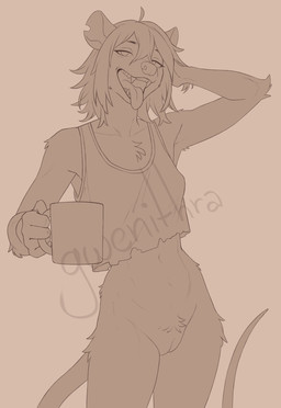 anthro bedroom_eyes bottomless clothed clothing container cup fangs female fur genitals hair hand_on_head holding_container holding_cup holding_mug holding_object mug narrowed_eyes seductive standing tail teeth teeth_showing text tongue tongue_out topwear topwear_only vulva gwenithra gwen_(gwenithra) american_opossum mammal marsupial 2025 artist_name digital_drawing_(artwork) digital_media_(artwork) hi_res