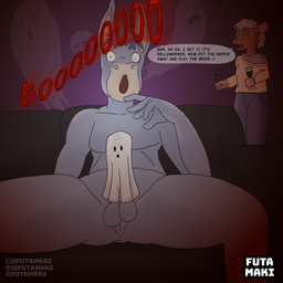 anthro balls duo genitals holidays male male_focus penis penis_costume solo_focus text futamaki halloween asinus donkey equid equine ghost mammal murid murine rat rodent spirit 1:1 english_text hi_res