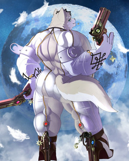 anthro biceps big_butt bodysuit boots butt clothed clothing crossdressing footwear full_moon fur green_eyes gun gun_boots handgun high_heeled_boots high_heels kemono male moon muscular muscular_anthro muscular_male nipples pecs pistol ranged_weapon shoes skimpy skinsuit smile solo tail thick_thighs tight_clothing weapon white_body white_fur botttttle_candy bayonetta platinumgames domestic_cat felid feline felis mammal 4:5 hi_res