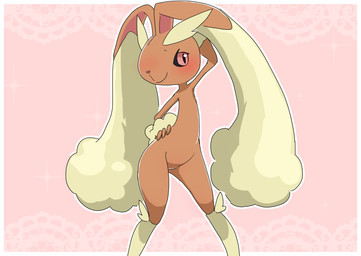 ambiguous_gender anthro black_sclera blush border brown_body fur hand_behind_head hand_on_hip leg_markings markings pink_background pose red_eyes simple_background smile socks_(marking) solo standing tan_body tan_fur white_border wide_stance hurai_of_kaki nintendo pokemon generation_4_pokemon lopunny pokemon_(species) 2024 absurd_res digital_media_(artwork) hi_res