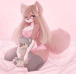 anthro bed black_clothing black_legwear blonde_hair blue_eyes blush blush_lines bra breasts brown_body brown_fur clothing curled_tail dog_plushie female fur furniture gloves_(marking) hair holding_object holding_plushie kneeling legwear looking_aside markings on_bed pillow pink_background plushie simple_background solo tail underwear white_body white_fur valeria_fills canid canine canis domestic_dog husky mammal nordic_sled_dog spitz