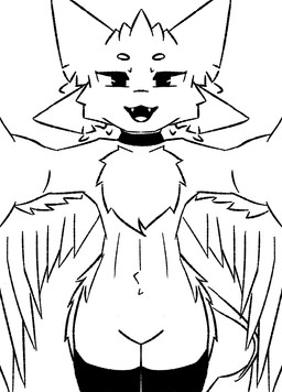 4_ears anthro chest_tuft choker clothing fangs feathered_wings feathers featureless_crotch fur jewelry legwear looking_at_viewer male multi_ear necklace open_mouth simple_background smile solo tail teeth thigh_highs tuft white_body white_fur wings isi_avalibot avali avian animated black_and_white monochrome