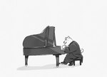 anthro biped bottomwear clothing eyes_closed kemono keyboard_instrument male musical_instrument pants piano shirt simple_background sitting slightly_chubby solo suit topwear pommn_mn canid canine canis domestic_dog mammal 2022 hi_res monochrome