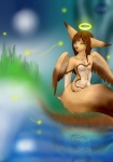 anthro breasts brown_hair canid canine casual_nudity darkradiance detailed_background elfane feathered_wings feathers female fennec_fox forest fox glowing glowing_eyes hair halo heart_symbol heterochromia jewelry kix mammal necklace night nipples nude outside plant reflection small_breasts solo tail tree true_fox wings wood