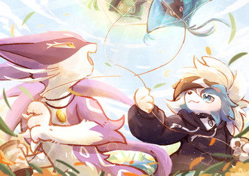 ambiguous_gender anthro blue_body blue_eyes blue_fur charizardite_x clothing collar duo fur jewelry kite mega_stone necklace pink_body pink_fur pokemorph sky spots tail white_body white_fur yellow_eyes tktuka nintendo pokemon kian_(kianyemao) yemao_(kianyemao) canid canine felid feline generation_5_pokemon generation_6_pokemon generation_7_pokemon generation_9_pokemon legendary_pokemon liepard lycanroc mammal mega_charizard mega_charizard_x mega_evolution midnight_lycanroc ogerpon pokemon_(species) shiny_pokemon teal_mask_ogerpon hi_res