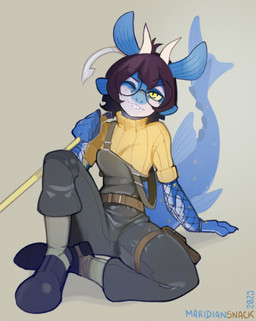 ambiguous_gender anthro armwear belt boots breasts clothing ear_fins eyewear female fin fish_tail fishnet_armwear fishnet_clothing footwear glasses hair hip_bag holding_object hook horn long_tail looking_at_viewer loose_strap non-mammal_breasts one_eye_closed sharp_teeth shoes short_hair solo suspenders sweater tail teeth text topwear turtleneck wide_hips wink winking_at_viewer yellow_eyes maridiansnack marnie_(emerald_alkaline) aquatic fish shark artist_name detailed digital_drawing_(artwork) digital_media_(artwork) hi_res signature