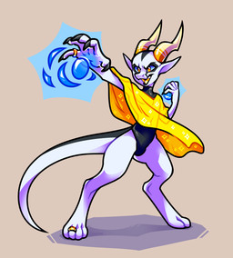 anthro attack bodysuit bulge claws clothing horn jewelry magic male open_mouth orb poncho ring skinsuit solo standing tail tight_clothing white_body bigmoon206 kobold scalie hi_res