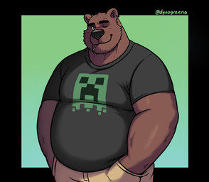 anthro belly big_nose black_background black_clothing black_shirt black_topwear blush blush_lines bottomwear brown_body brown_fur clothing fur gradient_background green_background green_eyes hand_in_pocket male muscular muscular_male one_eye_closed overweight overweight_male piercing pockets shirt simple_background smile solo topwear wink dynogreeno microsoft minecraft mojang xbox_game_studios bear brown_bear creeper_(minecraft) mammal ursine hi_res