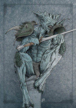 3_toes 4_fingers abs armor athletic athletic_male blue_body bottomwear bulge claws clothing column eyeless feet fingers holding_melee_weapon holding_object holding_sword holding_weapon loincloth looking_aside male melee_weapon noseless not_furry open_mouth pauldron pecs sharp_teeth simple_background sitting solo sword teeth toes weapon nicolas_brunet demon humanoid 2019 hi_res