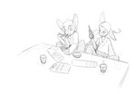 anthro asian_clothing beverage big_ears chopsticks clothing dialogue duo east_asian_clothing eating eyewear food furniture glasses japanese_clothing kimono male simple_background sitting sushi table robin_dassen european_mythology mythology twin_dragons_(webcomic) kai_(twin_dragons) dragon mythological_creature mythological_scalie scalie western_dragon hi_res sketch