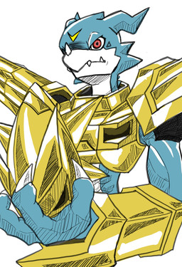 anthro armor body_armor claws facial_horn finger_claws headgear helmet horn male nose_horn protruding_teeth red_eyes snout solo unmasked laserbook bandai_namco digimon mythology digimon_(species) dragon magnamon mythological_creature mythological_scalie scalie hi_res