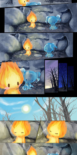 ambiguous_gender dead_tree detailed_background duo female feral fire micro outside plant question_mark rock sun tree water ingrid_tan ant arthropod elemental_creature fire_creature hymenopteran insect water_creature comic hi_res multiple_images male_(lore)