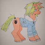 ambiguous_gender blue_eyes clothing coat coffeebeancleric_(artist) cutie_mark feral green_hair hair half-closed_eyes hooves jacket narrowed_eyes pink_body pink_skin simple_background solo straight_hair topwear white_hooves hasbro my_little_pony equid equine horse mammal pony absurd_res hi_res traditional_media_(artwork)