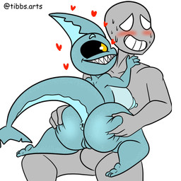 anthro blue_body blush breasts bulge butt duo female genitals heart_symbol male male/female nipples non-mammal_nipples sharp_teeth shortstack shortstack_female tail teeth vulva yellow_eyes tibbs aquatic fish human mammal shark 1:1 2020 digital_media_(artwork) hi_res