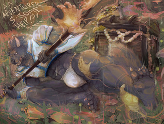 abs anthro armor asian_clothing biceps bulge butt claws clothing disembodied_hand east_asian_clothing feet forest fundoshi fur ghost_hand hair holding_object holding_weapon japanese_clothing male melee_weapon muscular muscular_male on_ground outside plant polearm raining shirt solo spear struggling tail teeth text tongue topwear torn_clothing torn_shirt torn_topwear treasure_chest tree underwear weapon artjackal saikyou_no_shokugyou_wa_yuusha_demo_kenja_demo_naku_kanteishi_(kari)_rashii_desu_yo? claude_abras canid canine canis mammal wolf absurd_res hi_res