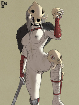 abs areola bone bone_mask breasts butt butt_from_the_front colored_nails female front_view genitals grey_areola grey_hair grey_nails grey_nipples grey_stripes hair holding_melee_weapon holding_object holding_skull holding_sword holding_weapon mandibles mask melee_weapon nails navel nipple_piercing nipples piercing simpe_background skull skull_mask solo stripes sword thick_thighs vulva weapon white_body wide_hips midevil predator_(franchise) alien alien_humanoid humanoid yautja 3:4 hi_res