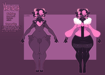 anthro areola belly black_clothing black_hair bottomwear breasts chest_tuft claws clothing dark_areola dark_body eyelashes eyeshadow eyewear fishnet_clothing fur genitals glasses grey_body grey_fur gynomorph hair hooves horn humanoid_genitalia humanoid_penis intersex legwear makeup markings multicolored_hair nails navel neck_tuft nipples penis pink_body pink_clothing pink_fur pink_hair purple_body purple_fur purple_hair skirt slightly_chubby solo text thick_thighs thigh_highs tuft two_tone_hair white_clothing wide_hips conditional_dnp welwraith valencia_(welwraith) bovid caprine goat mammal aliasing character_name digital_media_(artwork) english_text hi_res model_sheet signature