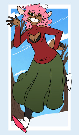 anthro blush blush_lines bottomwear brown_body brown_tail cleavage_cutout clothing cutout emanata female gesture green_bottomwear green_clothing green_eyes green_skirt hair one_eye_closed outside pink_hair pink_nose red_clothing red_topwear shoulderless_topwear skirt snow solo tail topwear waving waving_at_viewer white_sclera nerdyreindeer deer mammal 2026 hi_res