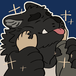 ^_^ anthro black_body black_fur black_nose blep claws clothing duo ears_back enjoying eyes_closed finger_claws fur grey_clothing grey_jacket grey_topwear holding_another's_hand jacket male pivoted_ears rubbing_cheek shirt smile sparkles tongue tongue_out topwear white_clothing white_shirt white_topwear bogexboog pluto_hikari canid canine canis domestic_dog human mammal 1:1 2025 2d_animation animated loop