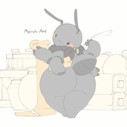 4_arms ambiguous_gender antennae_(anatomy) anthro arthropod_abdomen big_butt biped blush blush_stickers box butt container crate dot_eyes featureless_feet feet fingers grey_body holding_object huge_butt humor looking_at_viewer looking_back monotone_body mostly_nude multi_arm multi_limb pun rear_view scarf scarf_only scroll simple_background simple_eyes solo standing text thick_thighs white_background white_slime_(artist) ant arthropod hymenopteran insect 1:1 2025 digital_drawing_(artwork) digital_media_(artwork) english_text flat_colors hi_res