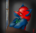 ambiguous_gender anthro blue_body blue_fur fur inside raining red_body red_fur solo foxmantra canid canine fox mammal