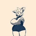 anthro big_breasts bottomwear breasts clothing female gesture hand_gesture looking_aside nervous shorts solo tongue tongue_out v_sign nucr4r 1:1