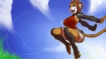 armband breasts brown_hair clothed clothing collar female frutiger_aero hair jumping looking_at_viewer nipples short_hair simple_background skimpy solo tail y2k_(graphic_design) dalehan alizee haplorhine mammal monkey primate 16:9 2011 wallpaper widescreen