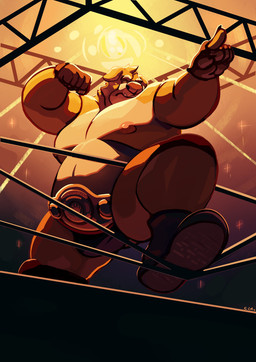 anthro belly belt big_belly black_bottomwear black_clothing boots bottomwear brown_body brown_fur bulge clothed clothing fighting_ring floppy_ears footwear fur male moobs mouth_closed nipples obese obese_anthro obese_male overweight overweight_anthro overweight_male pink_nipples shoes solo standing tan_body tan_fur topless chocolateandmilk canid canine canis domestic_dog mammal 2019 dated hi_res signature