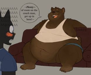aaaaa anthro belly belly_overhang big_belly big_moobs blush brown_body brown_fur clothed clothing duo eyes_closed fur furniture grey_background huge_belly male moobs navel nipple_slip obese obese_anthro obese_male open_mouth overweight overweight_anthro overweight_male simple_background sofa teeth text weight_difference cowdypie klaus_(cowdypie) remi_(cowdypie) bear domestic_cat felid feline felis mammal english_text hi_res