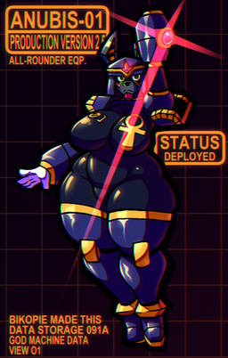 ankh anthro arm_cannon belly big_breasts bodysuit breasts clothing curvy_figure female glistening glistening_body glowing glowing_eyes legwear machine navel skinsuit solo text thick_thighs thigh_highs tight_clothing voluptuous voluptuous_female wide_hips bikopie! egyptian_mythology middle_eastern_mythology mythology anubis android anubian_jackal canid canine canis deity humanoid jackal mammal robot robot_humanoid english_text