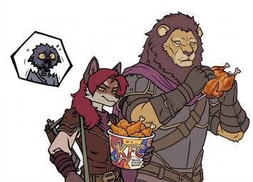 bucket_of_chicken chicken_meat female food group male meat roast_chicken unknown_artist crystalfall knight_(crystalfall) rogue_(crystalfall) technomancer_(crystalfall) avian bird canid canine corvid corvus_(genus) crow felid fox humanoid lion mammal oscine pantherine passerine